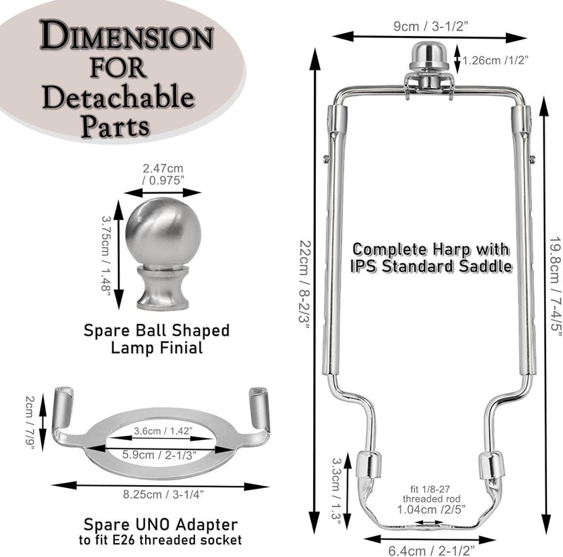 EMNOOTI 7 8 9 10 inch Lamp Shade Harp Holder,Adjustable Lamp Harp Kit,Fit Both Standard Lamp Rod and E26 Light Base UNO Fitter Adapter,with 2 Shade Attaching Finial Top (Silver Color - 2 Set) - Image 5